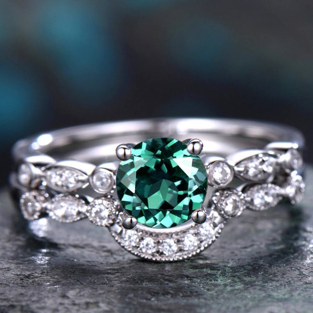 Retro Beautiful Bright Green Round CZ Silver Ring for Women, EVGG1272